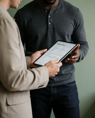 A young man in professional attire reviews digital data on a tablet while consulting with an advisor in a modern office setting.