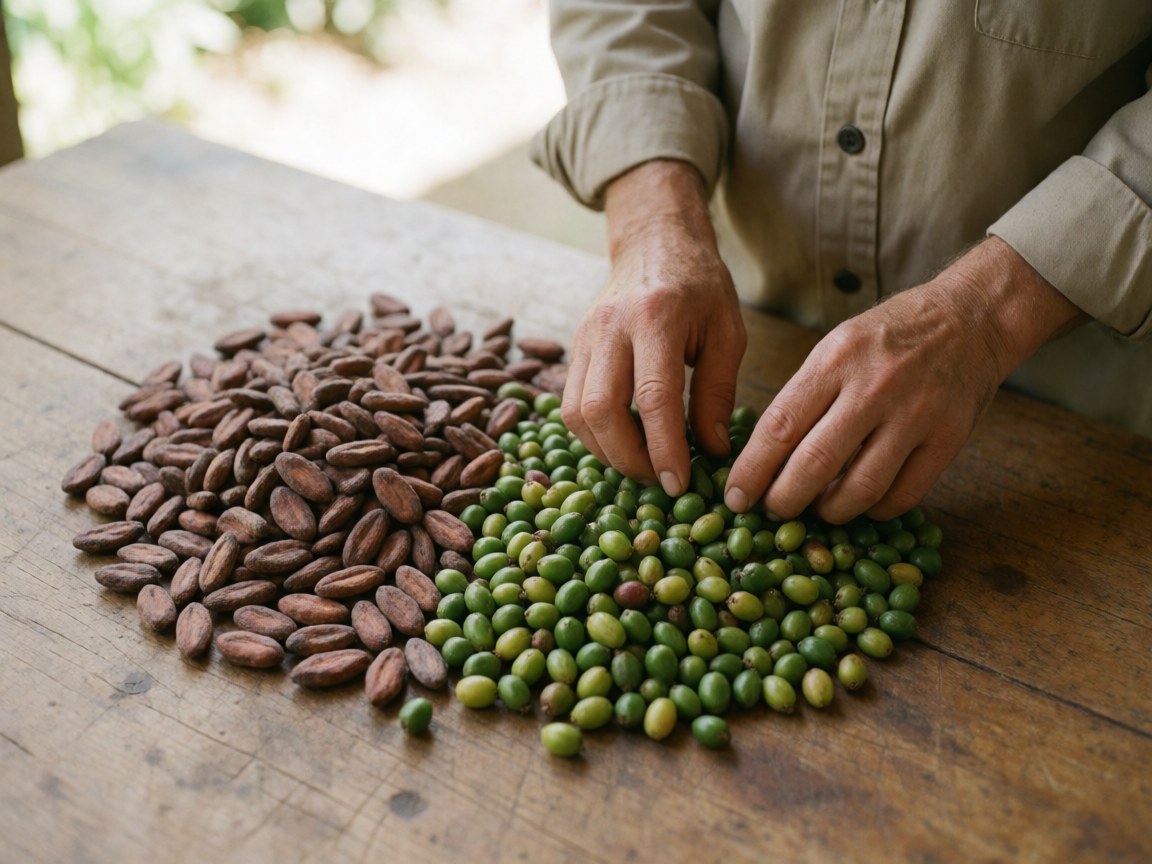Adult hand picking green coffee and cacao beans on a rustic wooden table under natural light, showing agricultural production.