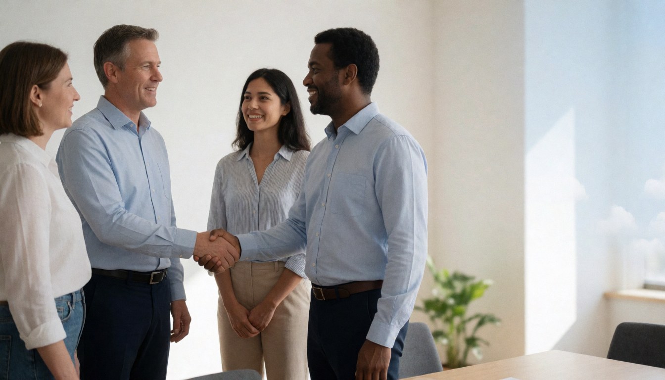 Four business professionals in a bright meeting room, two men shaking hands while two others watch with smiles, conveying trust and collaboration.