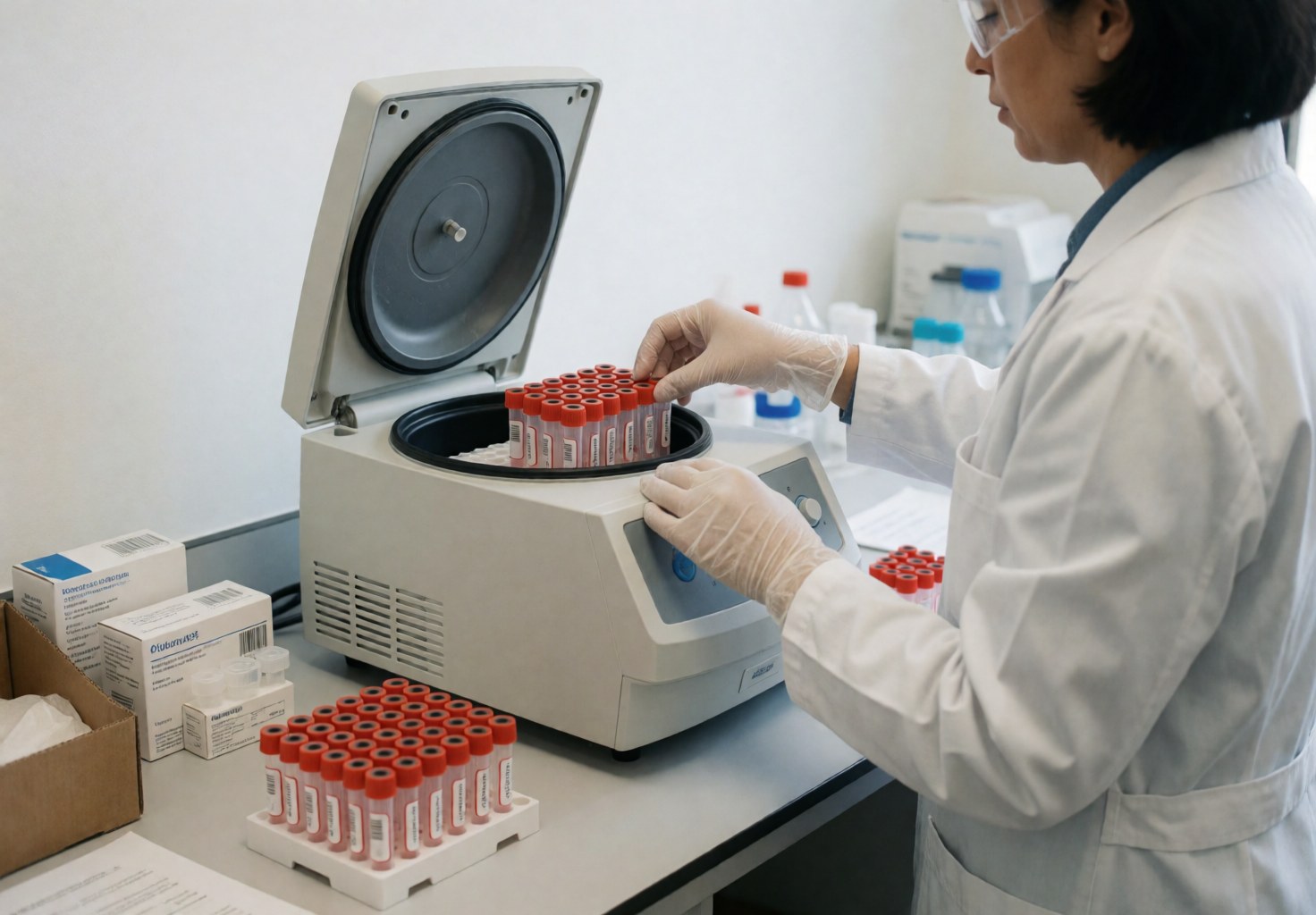 Laboratory technician wearing safety gear loads sample tubes into a centrifuge in a clean clinical workspace