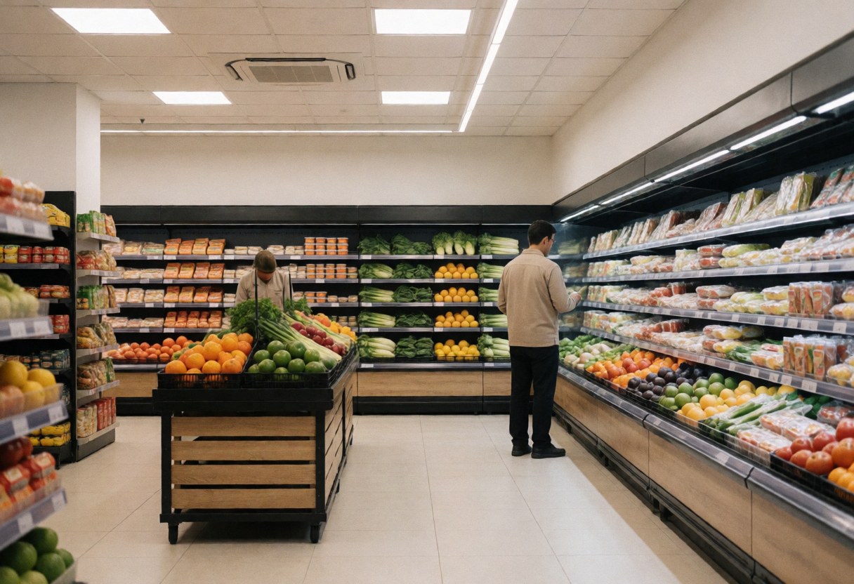 Clean modern grocery store interior featuring well-organized aisles, fresh fruits and vegetables, and a customer browsing the refrigerated section.
