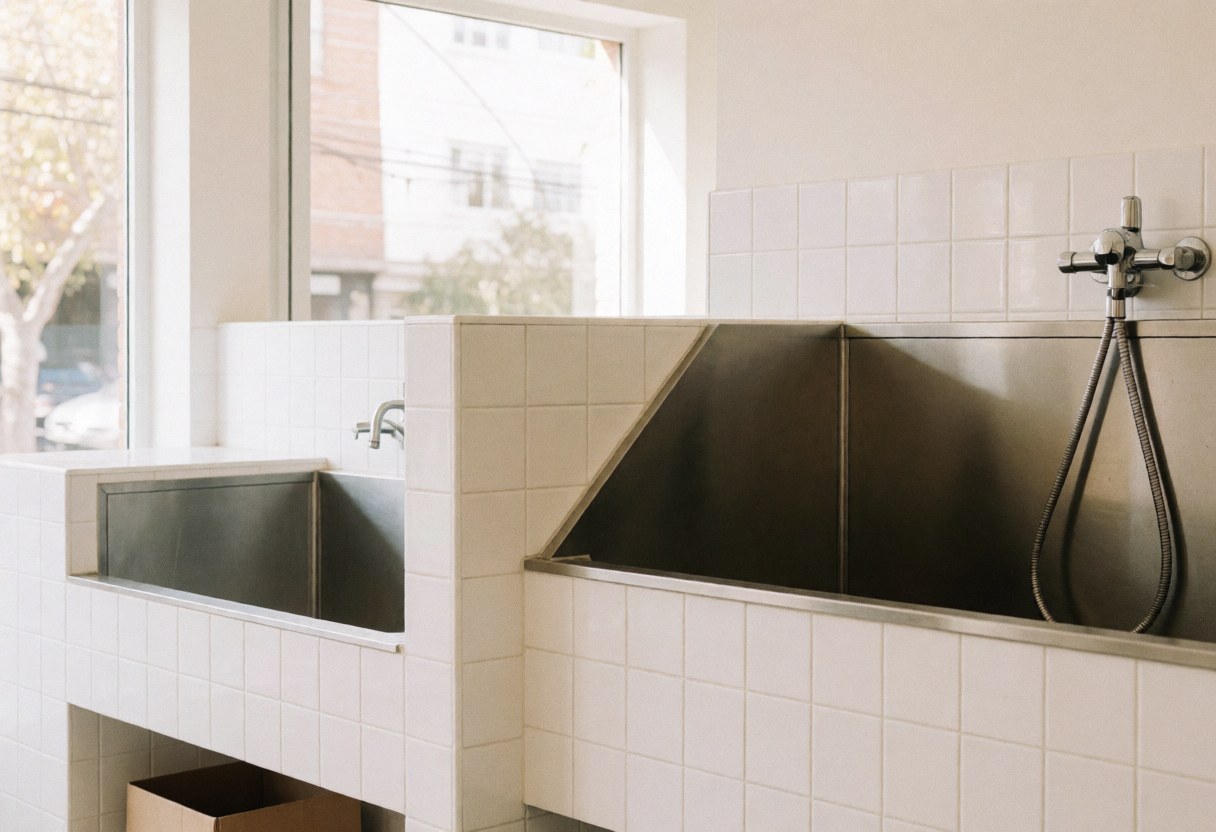 Clean modern dog grooming salon interior featuring stainless steel tubs, white tiled walls, and natural light from a large window.