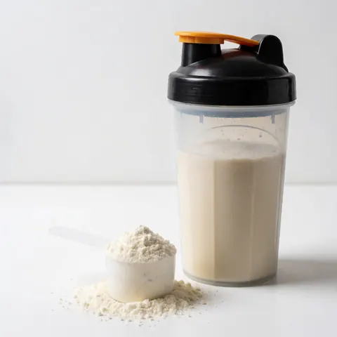 Protein powder shake in a blender with a measuring scoop on a clean white background for gym and health product display