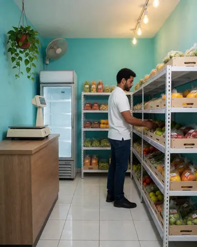 A grocery store owner is organizing shelves in a well-lit market, surrounded by fresh produce and equipment.