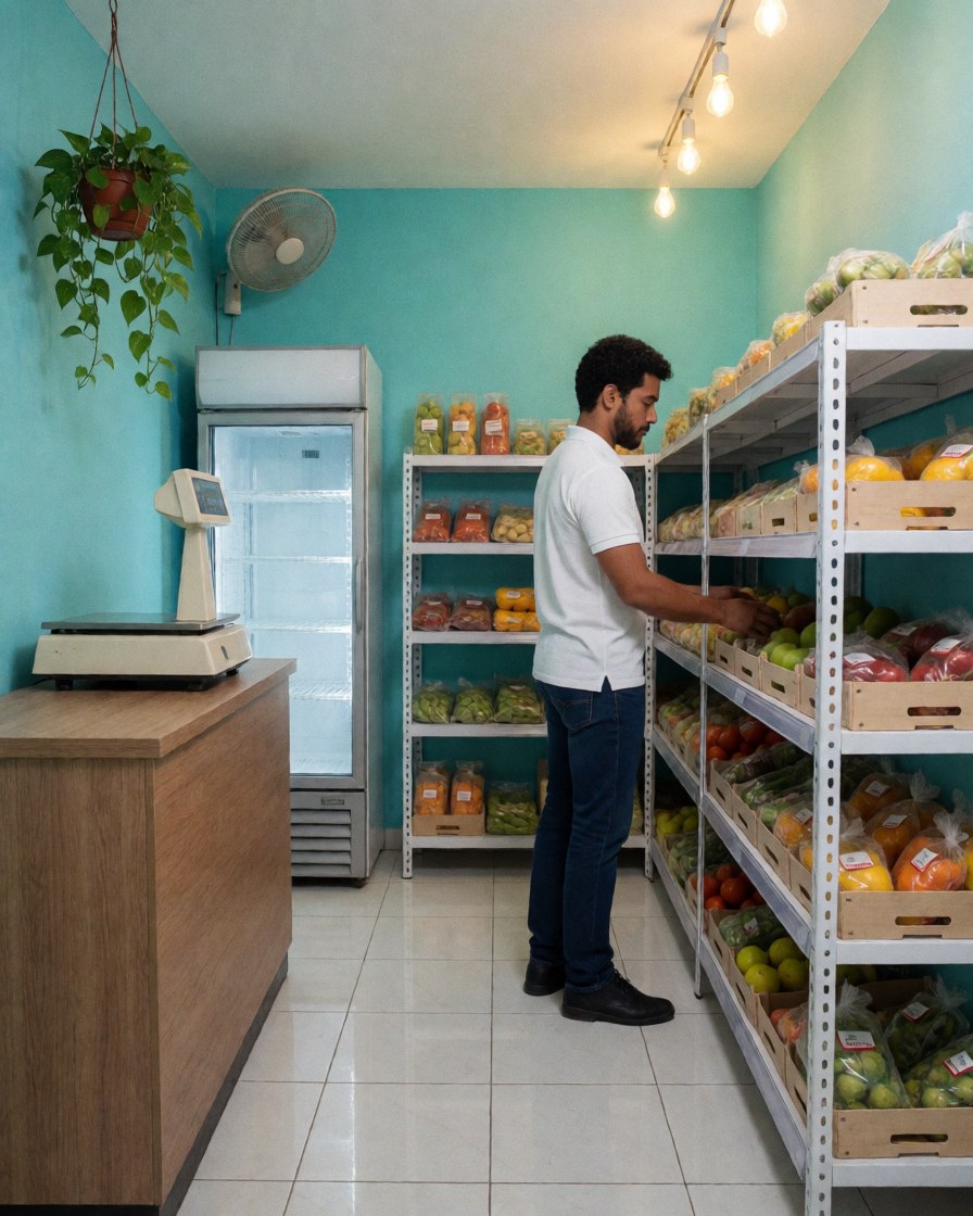 A grocery store owner is organizing shelves in a well-lit market, surrounded by fresh produce and equipment.