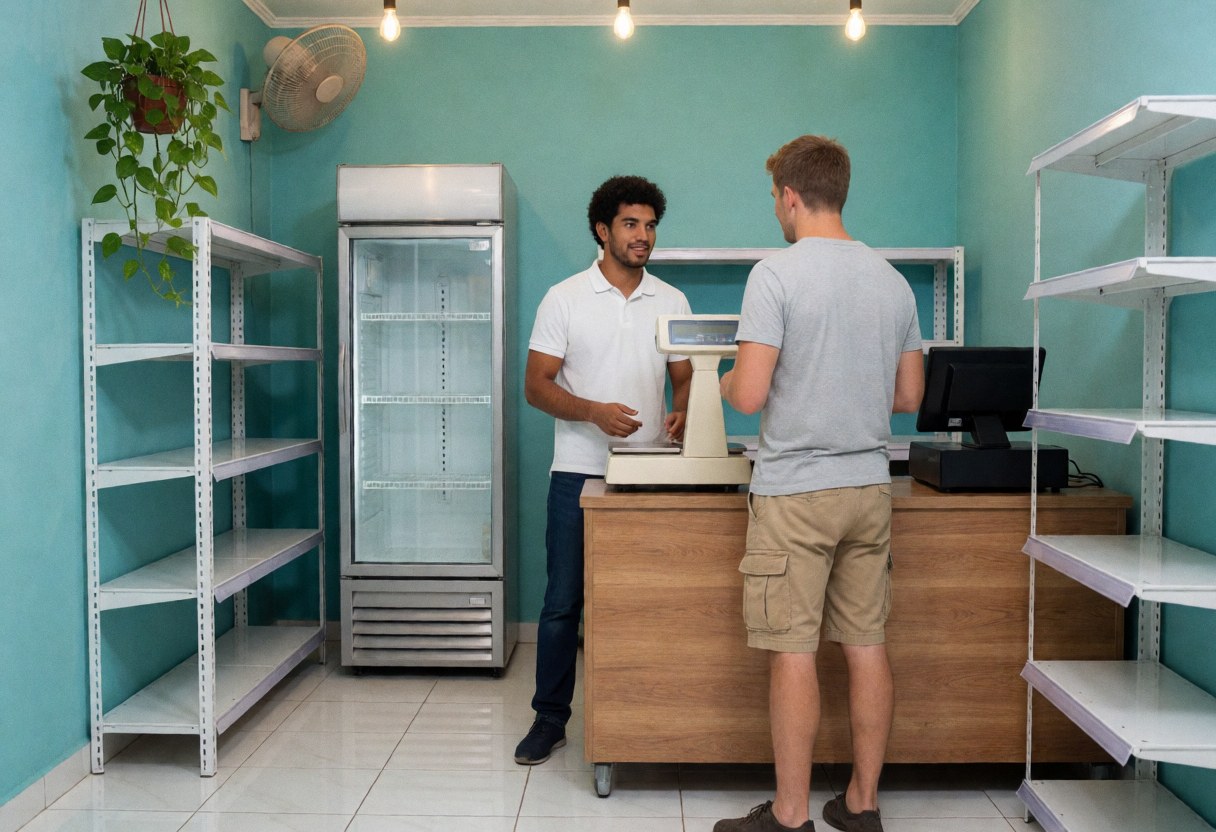 Seller helping a customer at a minimarket counter with turquoise walls, empty shelves, a refrigerator, and a hanging plant under warm lighting.