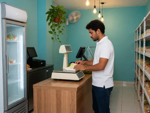 A person weighing fresh vegetables on a scale at a grocery store counter with white tiled floors and turquoise accents