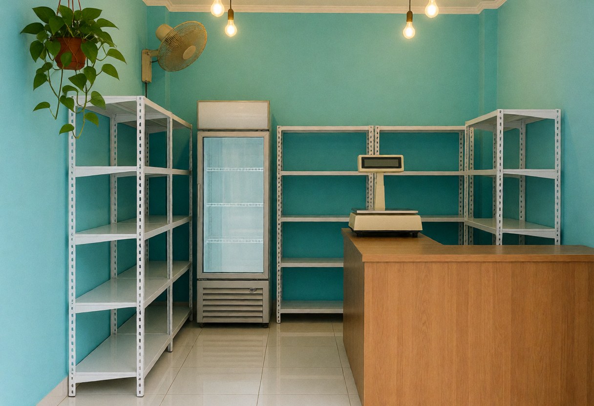 Empty minimarket interior featuring turquoise walls, white shelves, a refrigerator, cash register, and wooden counter under warm lighting.