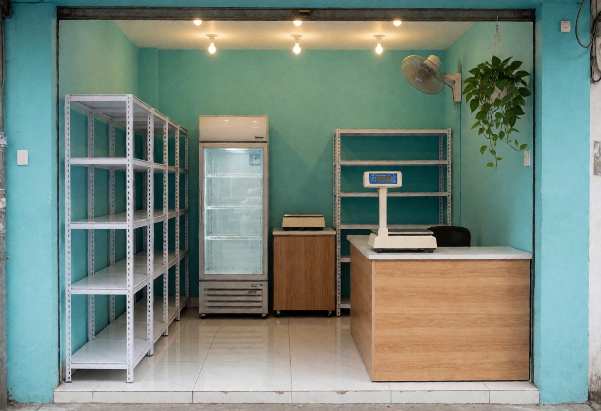 Minimarket entrance featuring turquoise walls, white floor, metal shelves, refrigerator, wooden counter, and hanging plant