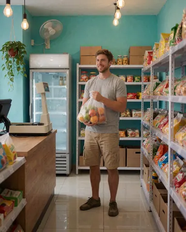 A smiling customer holds a bag of fruit inside a bright, clean minimarket with turquoise walls, shelves, and a refrigerator.