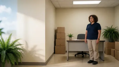 A calm office space for a moving company featuring stacked cardboard boxes, a desk, and office furniture in a professional setting