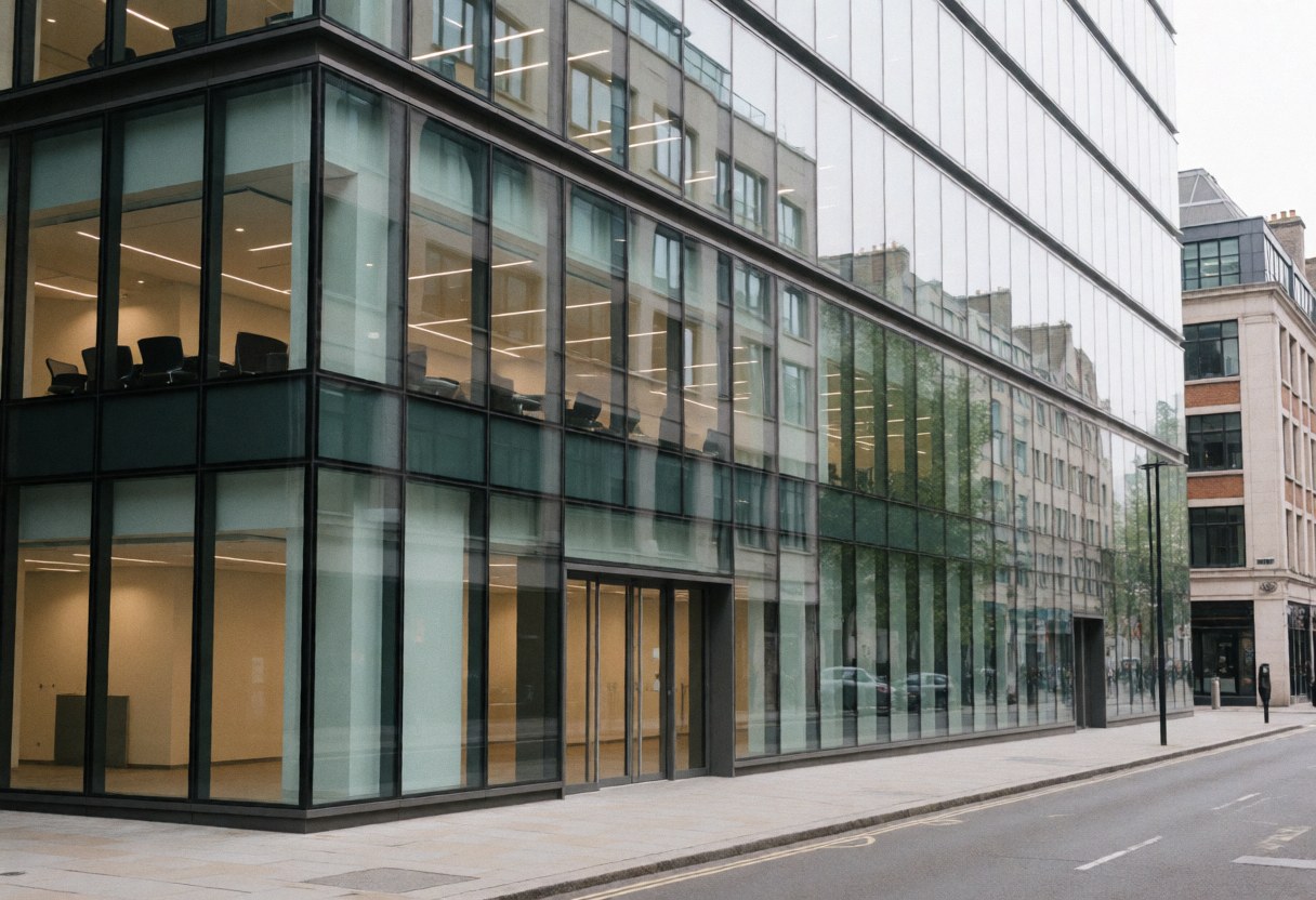 A contemporary commercial office building featuring a sleek glass facade and large windows reflecting the cloudy sky, situated in an urban business district.