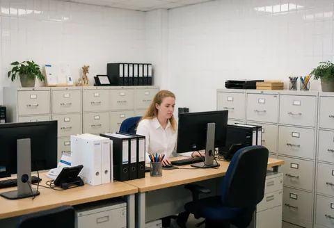 Insurance professional working at a desk with computers and filing cabinets in a clean, professional office environment