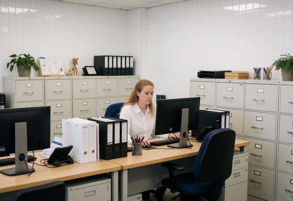 Insurance professional working at a desk with computers and filing cabinets in a clean, professional office environment