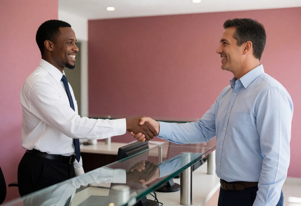 A smiling customer service agent shakes hands with a client at a modern reception desk with pink walls and glass furniture.