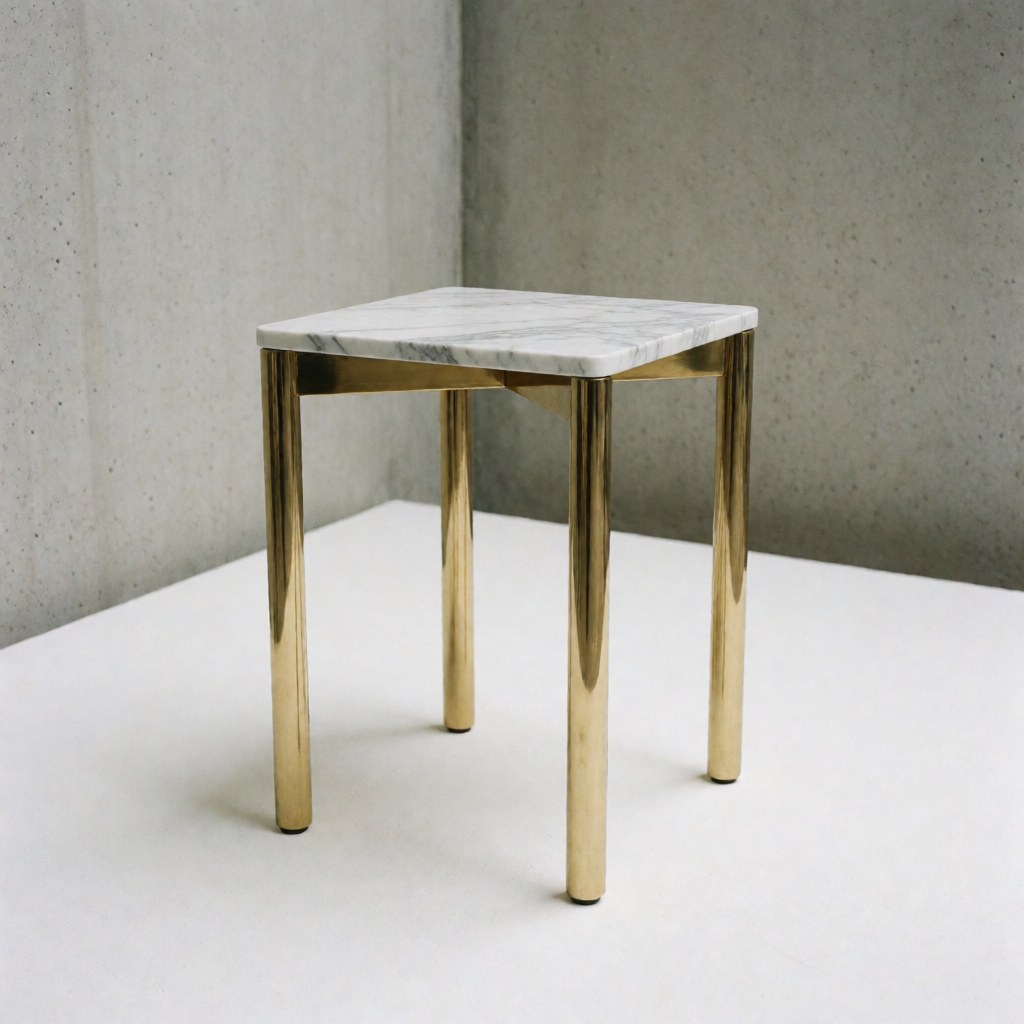 Close-up view of a sleek marble side table featuring a white stone top and elegant gold metal legs, suitable for contemporary furniture stores