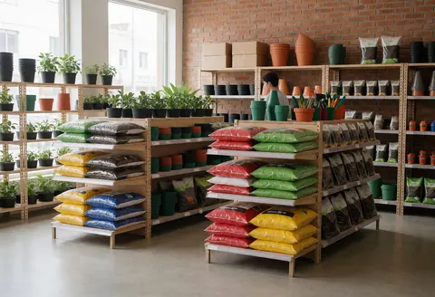 Interior of a garden shop featuring shelves stocked with colorful soil bags, pots, and plants against a brick wall with natural light