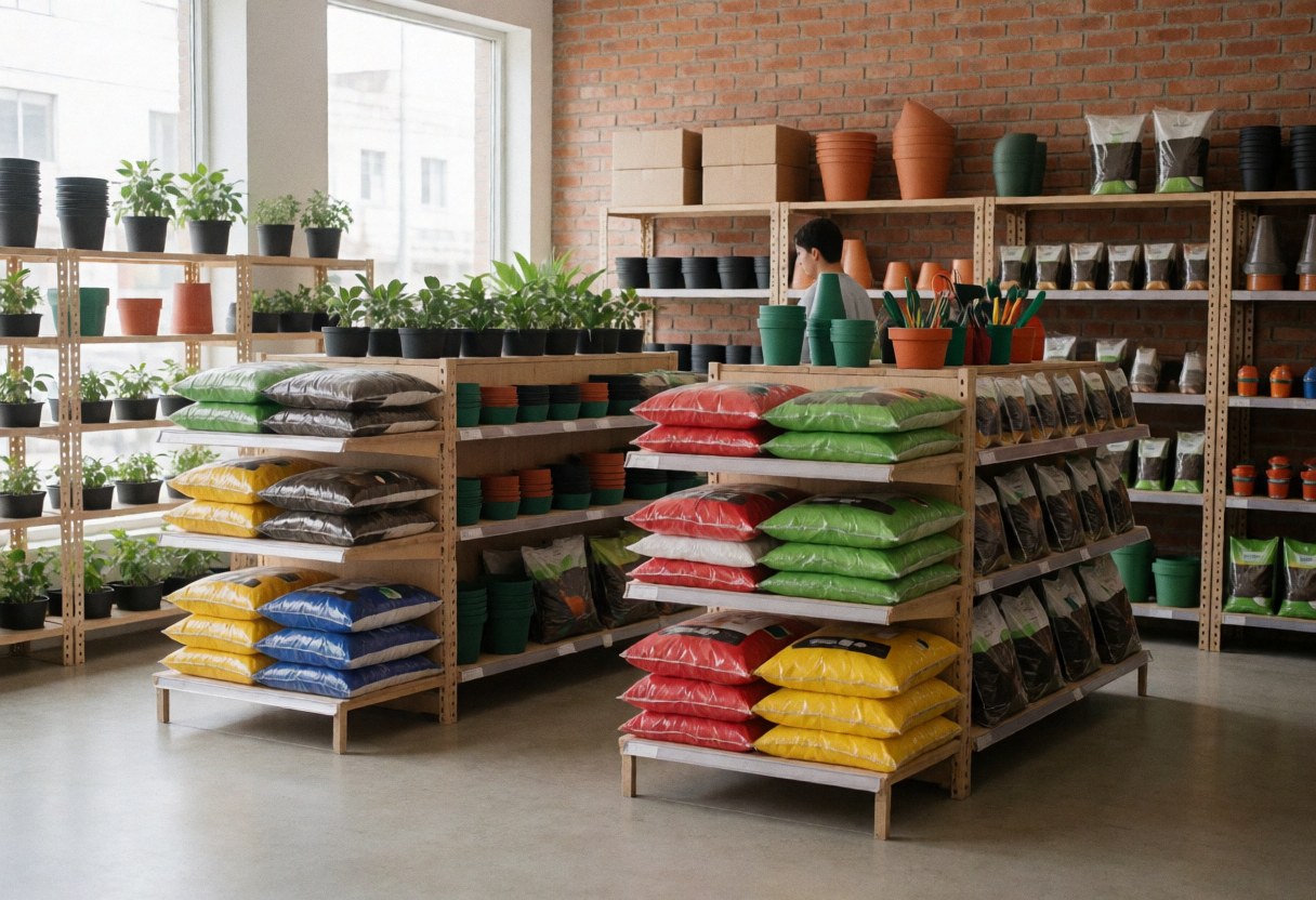 Interior of a garden shop featuring shelves stocked with colorful soil bags, pots, and plants against a brick wall with natural light