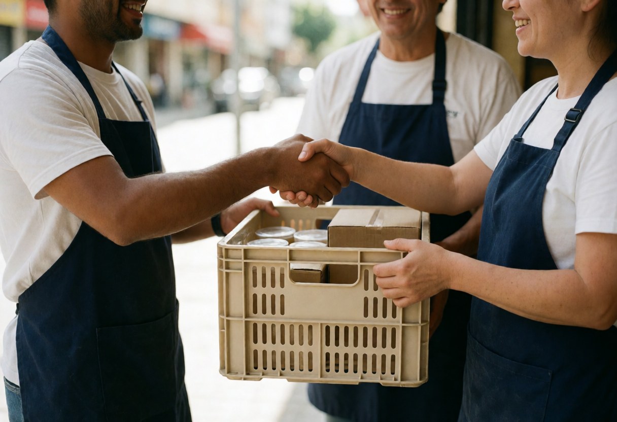 A person delivering a cardboard box of coffee products on a city street, representing service in action for a coffee and cacao farm business.