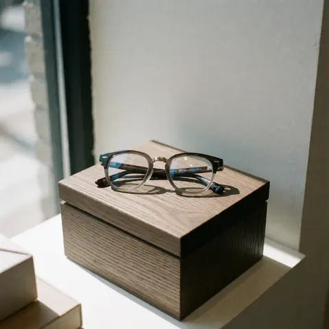 Modern framed glasses resting on a wooden box inside an optical store display case with natural light and soft shadows