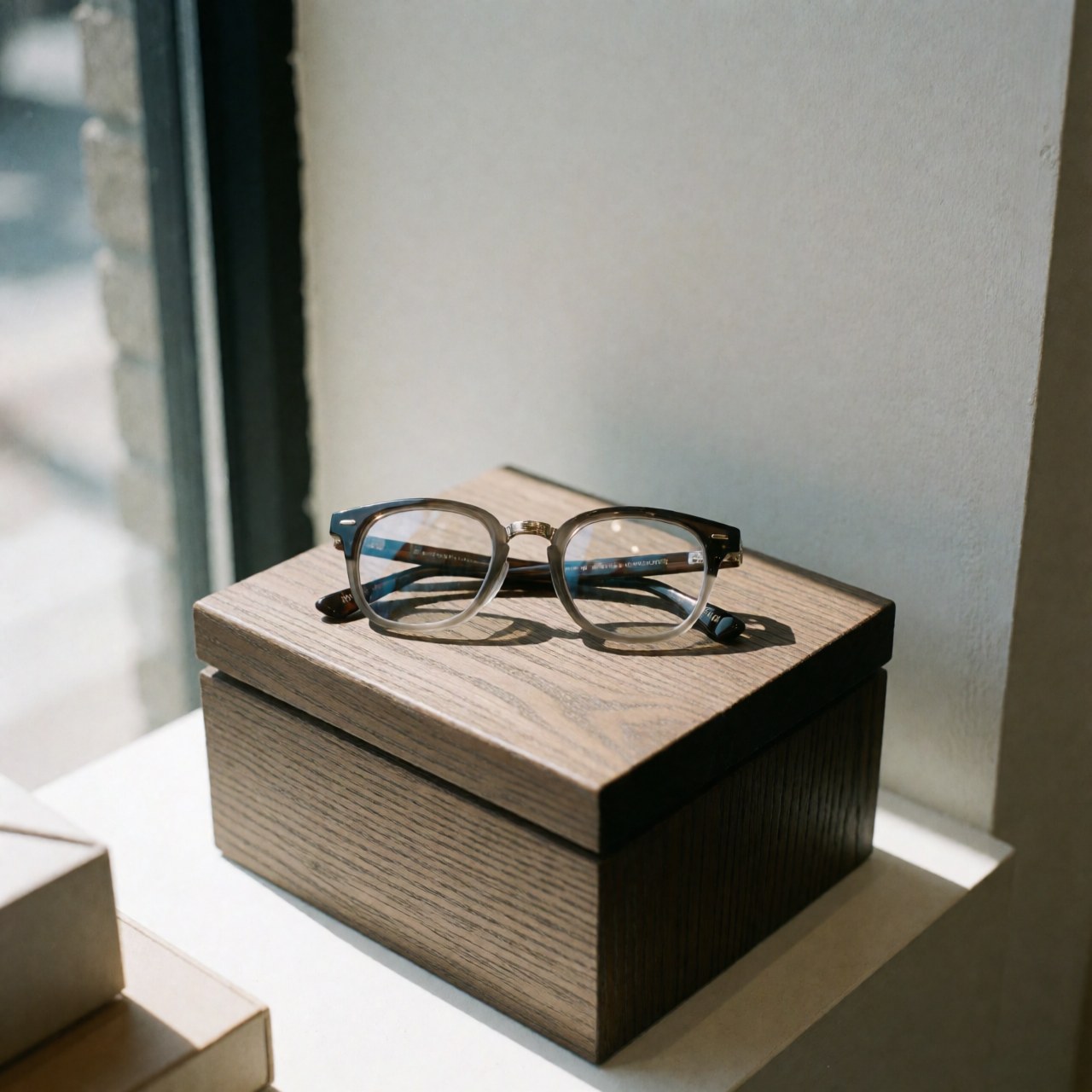 Modern framed glasses resting on a wooden box inside an optical store display case with natural light and soft shadows