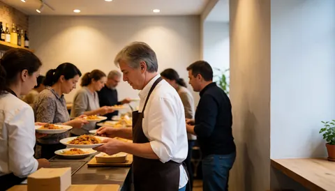Chef serving dishes to customers in a restaurant with light walls and a warm atmosphere, with plates and utensils visible.