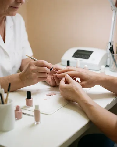 Close-up of a manicurist applying nude nail polish to a client's nails on a clean white table in a bright salon.