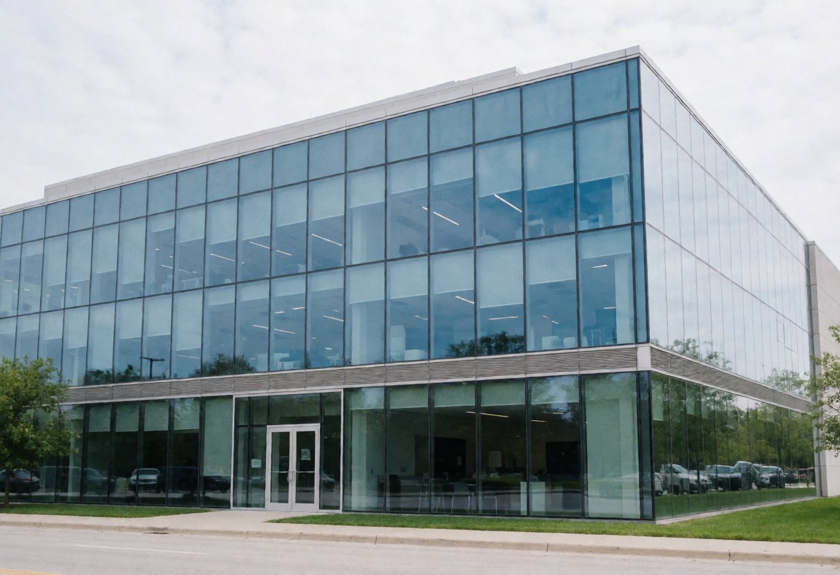 Modern glass corporate building in Chicago with a clean facade and cloudy sky reflections, ideal for tech startups and businesses.