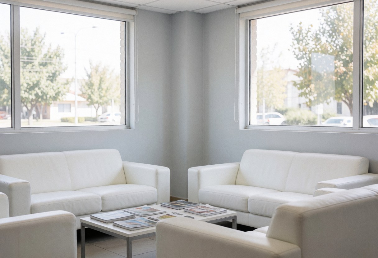 A clean modern waiting area featuring white sofas, a coffee table with magazines, and large windows letting in natural light for a professional office environment.