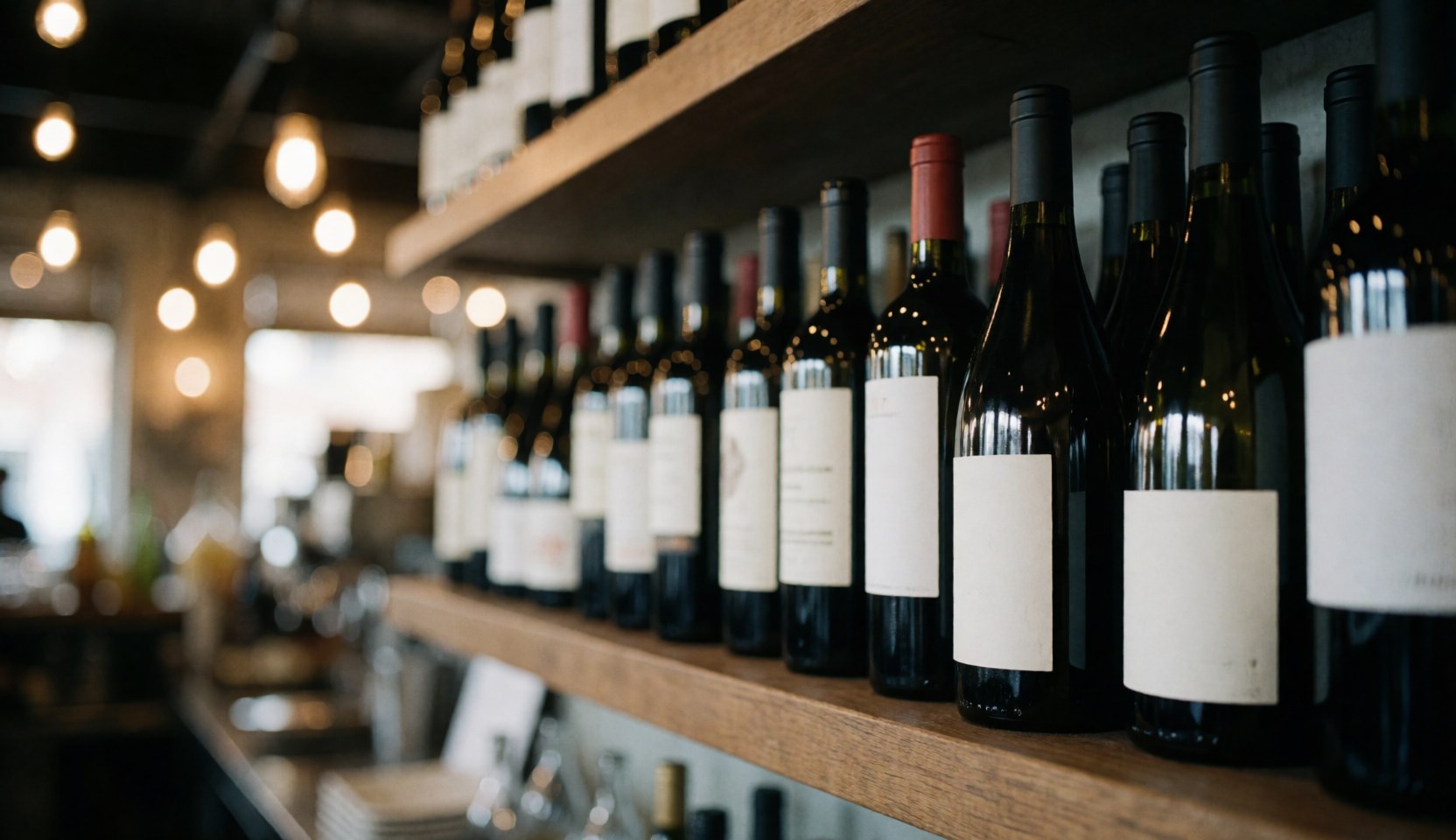 Rows of wine bottles arranged on rustic wooden shelves illuminated by soft warm lights creating a sophisticated bokeh background ideal for restaurant or bar themes.