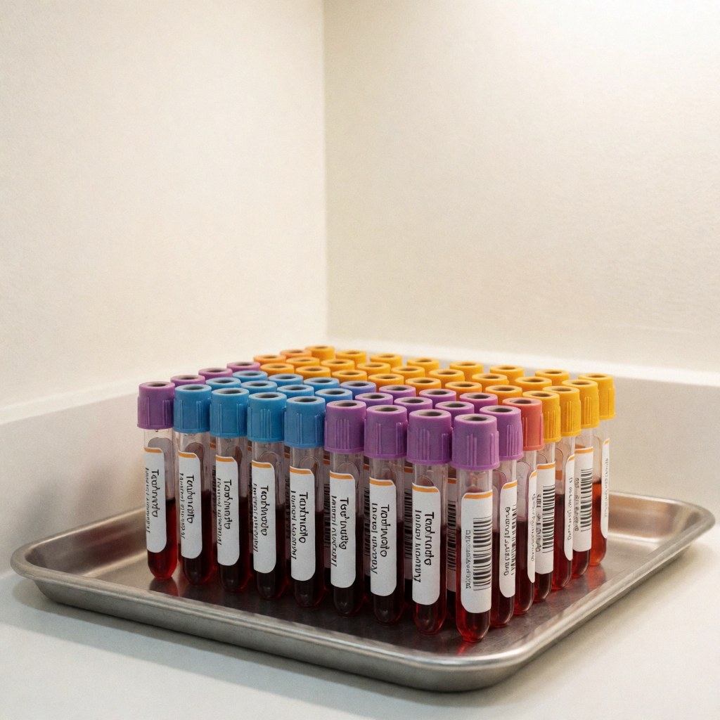 Labeled blood collection tubes with barcodes arranged in a metal tray within a clean clinical laboratory setting
