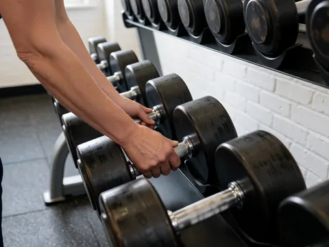 Close-up of a hand adjusting dumbbells in a gym with a white brick wall, rubber floor, and soft lighting.