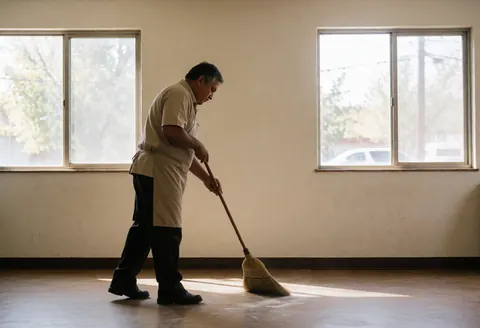 A man in uniform sweeps the restaurant floor with a broach, illuminated by natural light from windows, creating a clean and professional atmosphere.