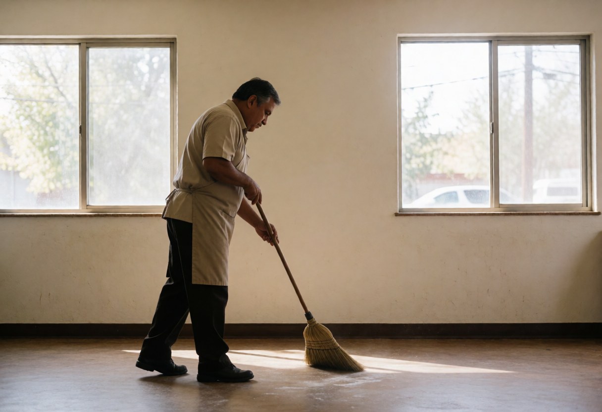 A man in uniform sweeps the restaurant floor with a broach, illuminated by natural light from windows, creating a clean and professional atmosphere.