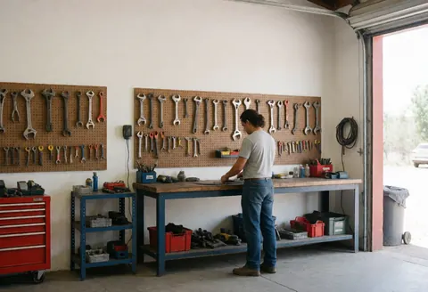 Clean rural repair shop with tools hanging on pegboard walls, technician working at a bench, natural light from garage door