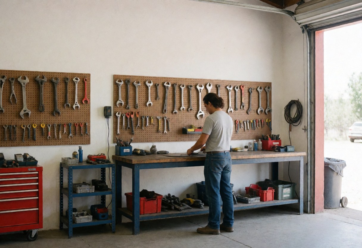 Clean rural repair shop with tools hanging on pegboard walls, technician working at a bench, natural light from garage door