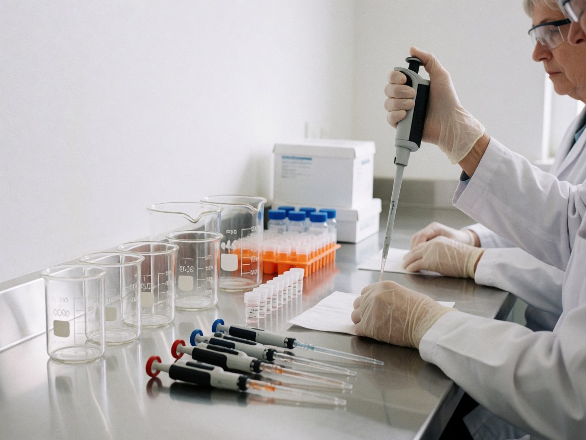 A medical professional in a clinical lab uses pipettes and a sample vial while wearing protective gloves and glasses on a shiny metal benchtop.