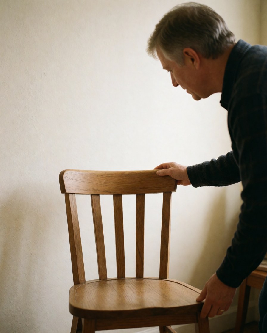 A man admiring a handmade wooden chair in a sunlit room with white walls, highlighting artisan craftsmanship and home decor.