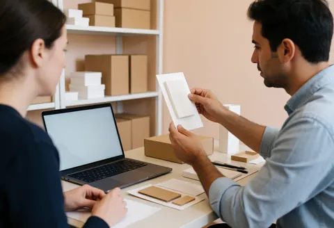 Two entrepreneurs in a studio review product samples, one holding a sample and the other working on a computer with cardboard boxes in the background.