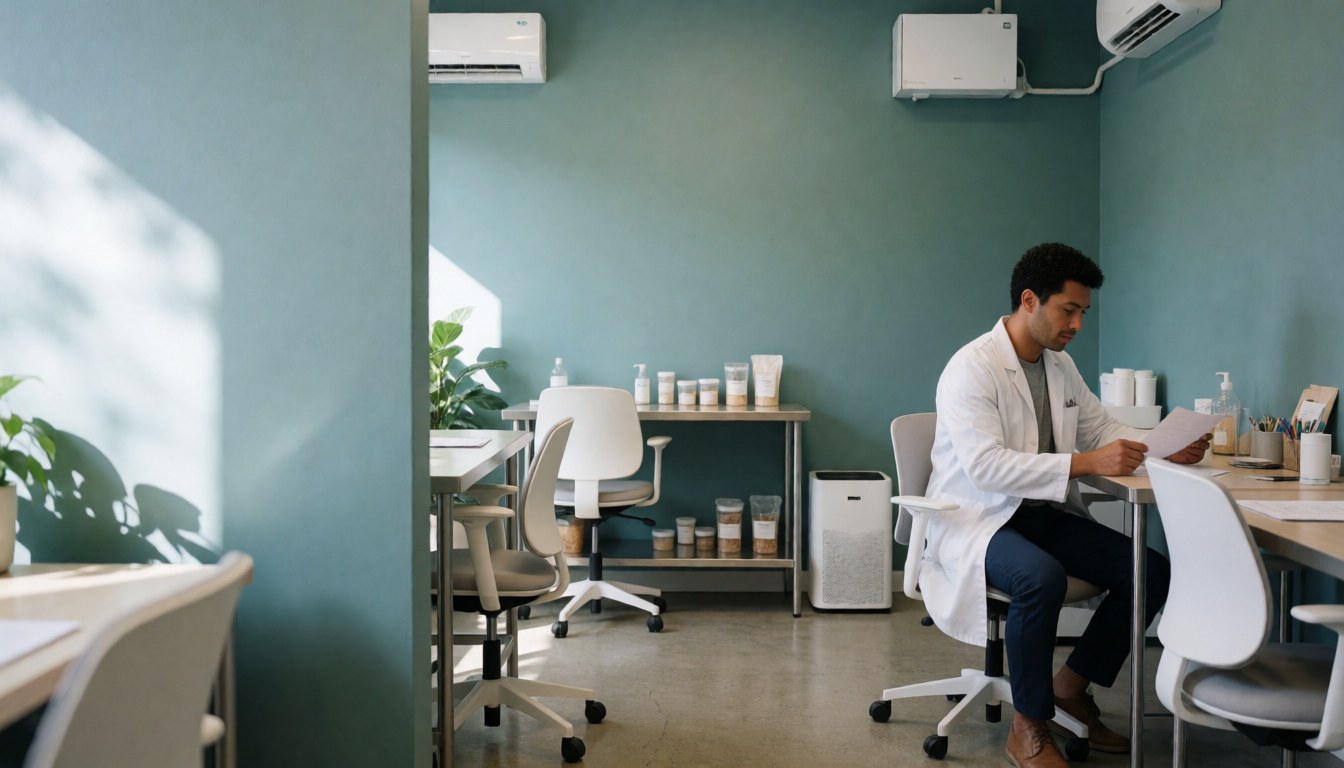 A tidy and professional office space designed for nutrition consultations, featuring a desk, chair, and medical documents in a calm, hygienic environment.