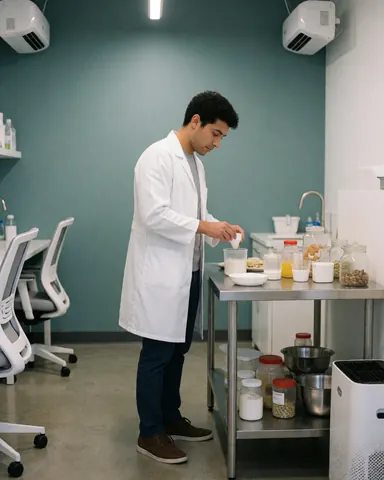 A nutritionist in a white coat measures ingredients on a stainless steel table in a clinic with turquoise walls, surrounded by food containers and professional equipment.