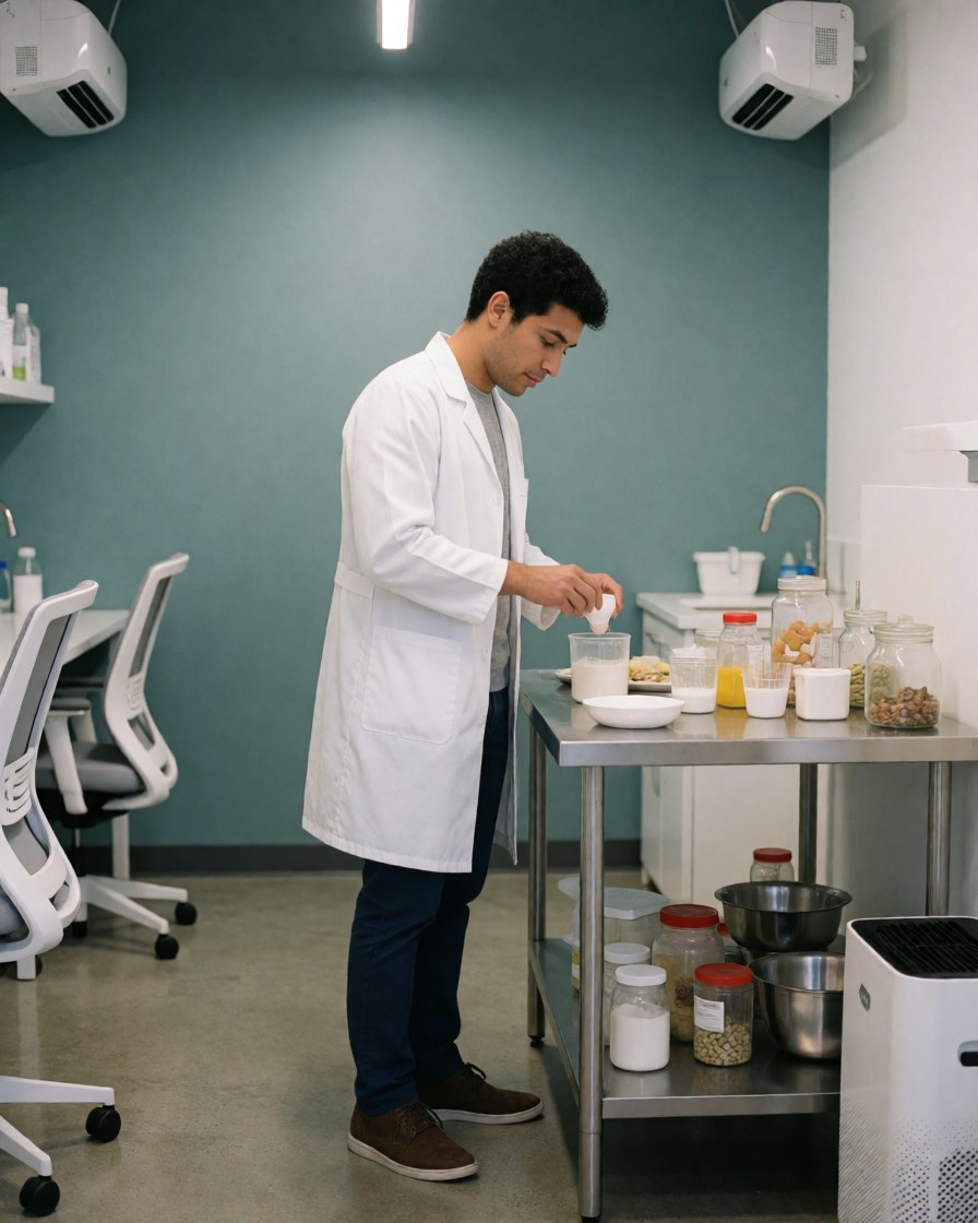 A nutritionist in a white coat measures ingredients on a stainless steel table in a clinic with turquoise walls, surrounded by food containers and professional equipment.