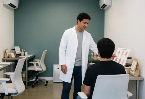 A nutritionist in a white coat explains a nutritional chart to a seated client in a modern clinic with teal walls and ergonomic chairs.