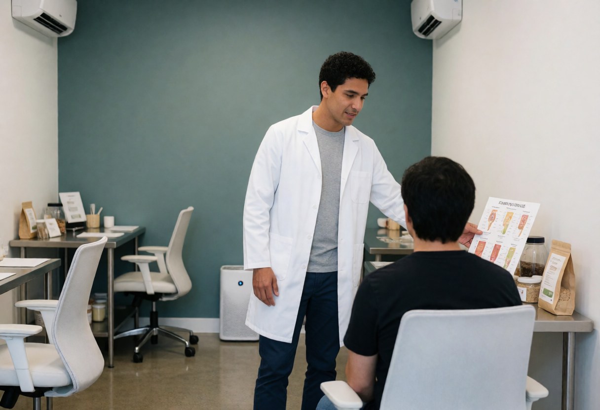 A nutritionist in a white coat explains a nutritional chart to a seated client in a modern clinic with teal walls and ergonomic chairs.
