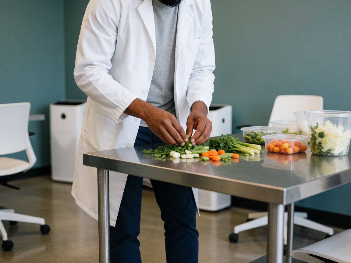 Close-up of professional hands using a knife to prepare fresh vegetables and meat on a clean stainless steel table in a bright clinical setting
