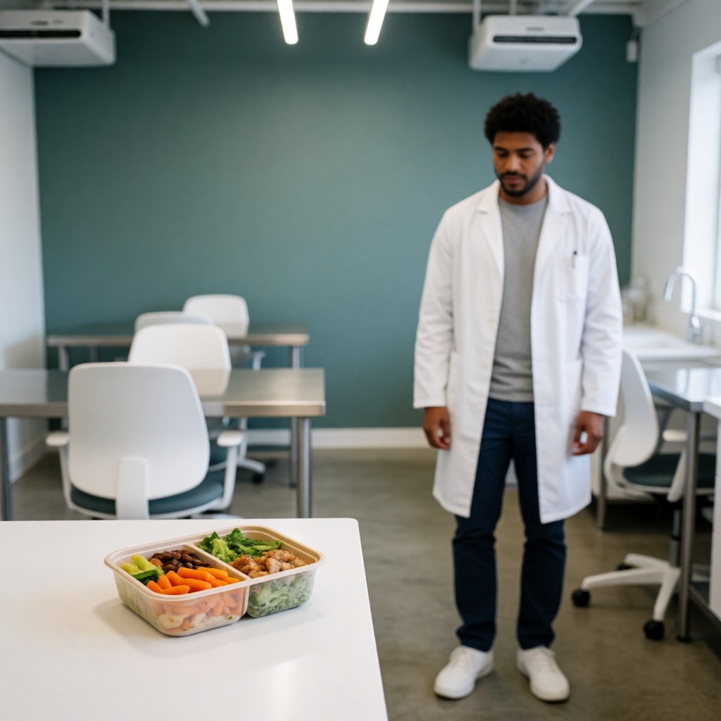 A healthy meal plan featuring fresh vegetables and protein served in a container on a table with natural light
