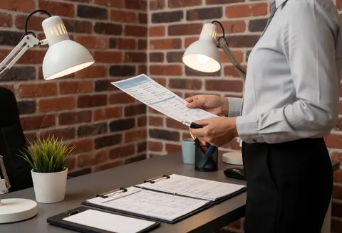 Travel agent reviewing an itinerary in an office with brick wall, desk lamps, and documents on the table.