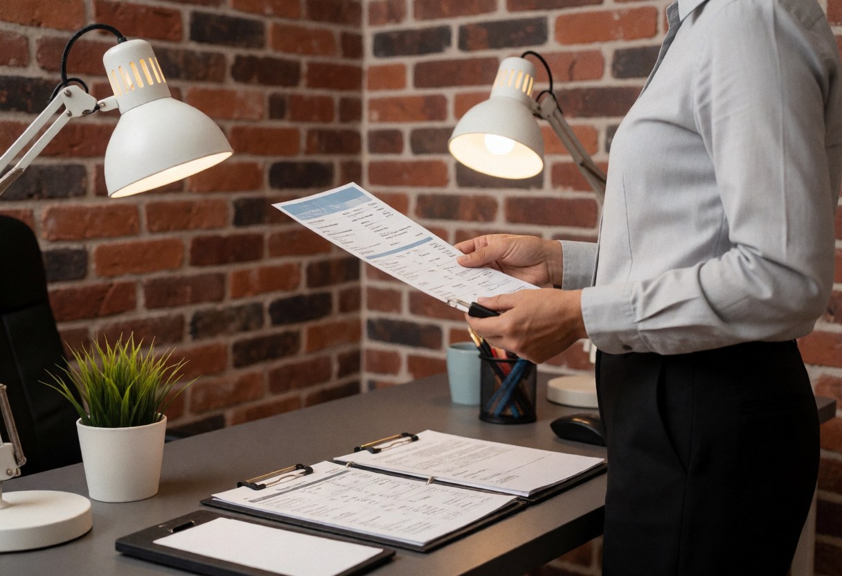 Travel agent reviewing an itinerary in an office with brick wall, desk lamps, and documents on the table.