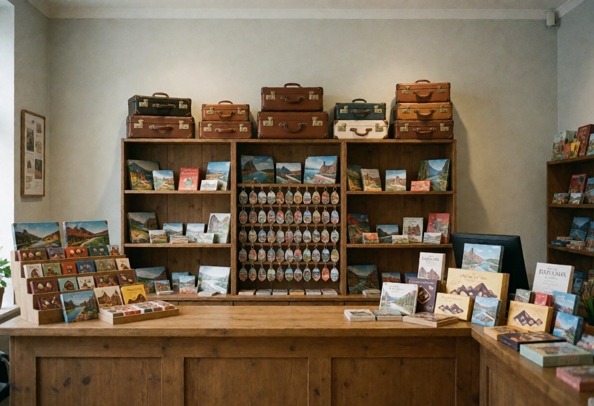 Warm travel agency interior featuring a wooden reception desk, vintage suitcases, keychains, and travel books under natural light