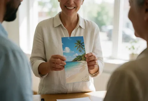 A travel agent in an office smiles while holding a tropical beach brochure, with blurred clients in the background creating a warm planning atmosphere.